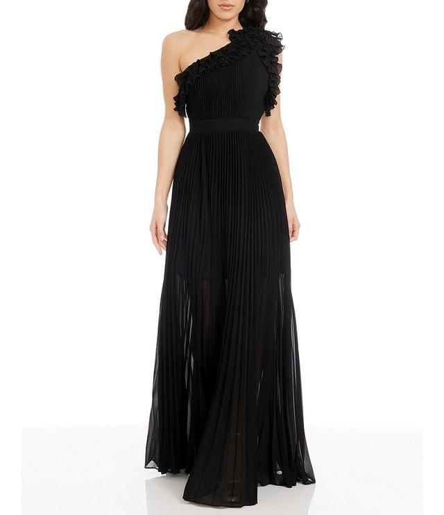 Dress the Population Vida Ruffle One Shoulder Sleeveless Pleated Gown Product Image