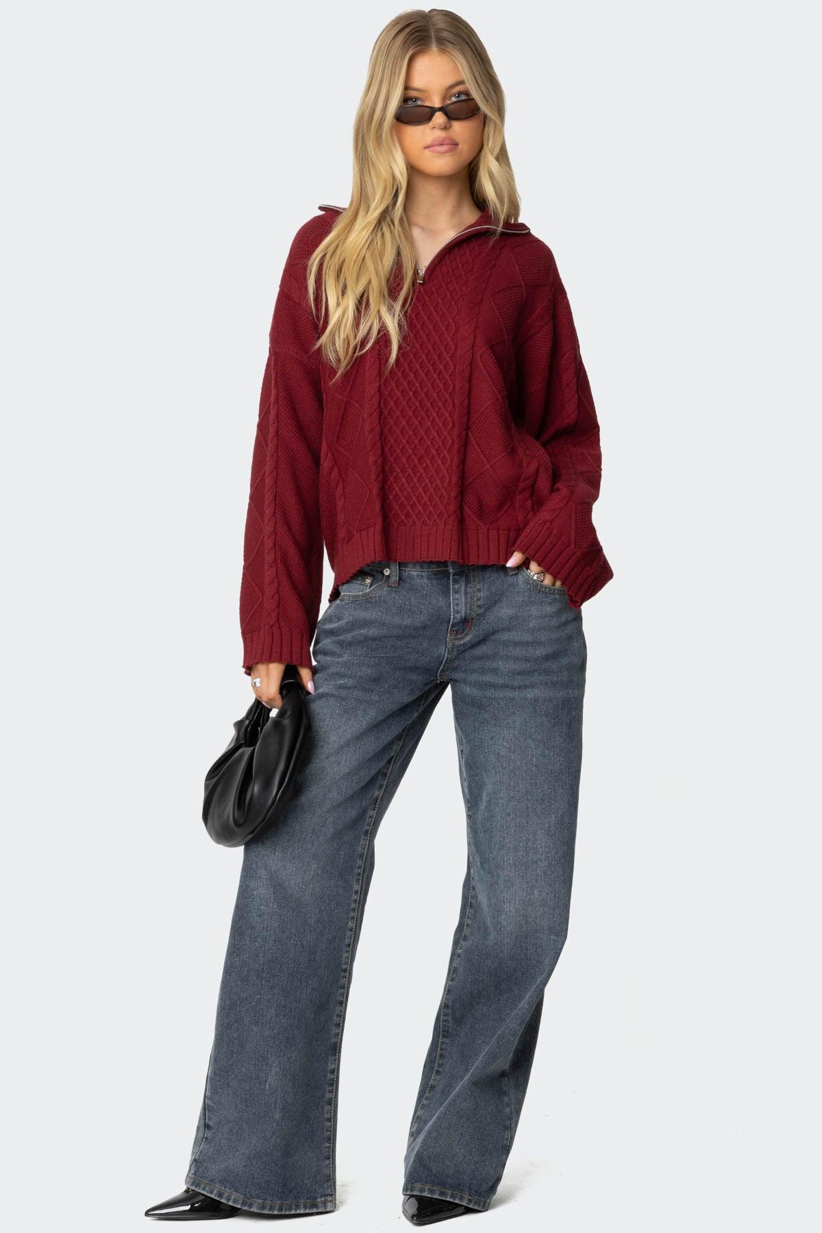 Oversized Quarter Zip Cable Knit Sweater Product Image