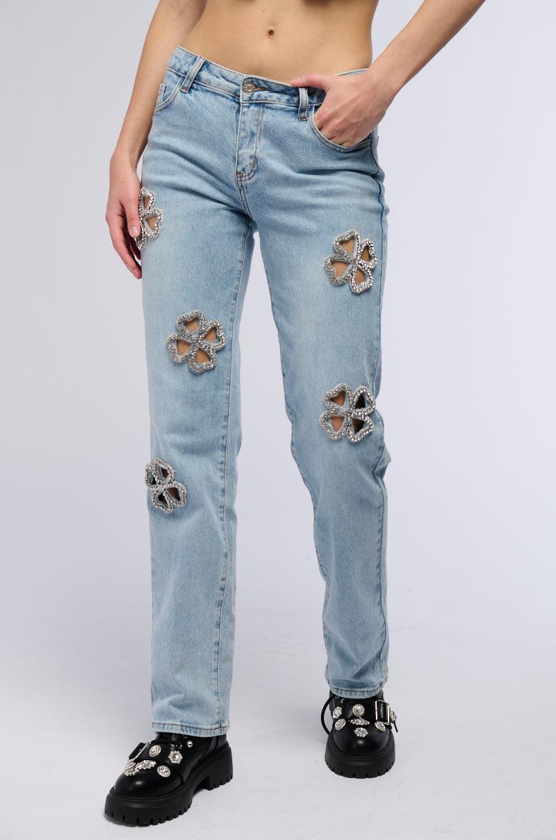 DIVINE FEMININE ENERGY RHINESTONE DETAIL JEANS Product Image