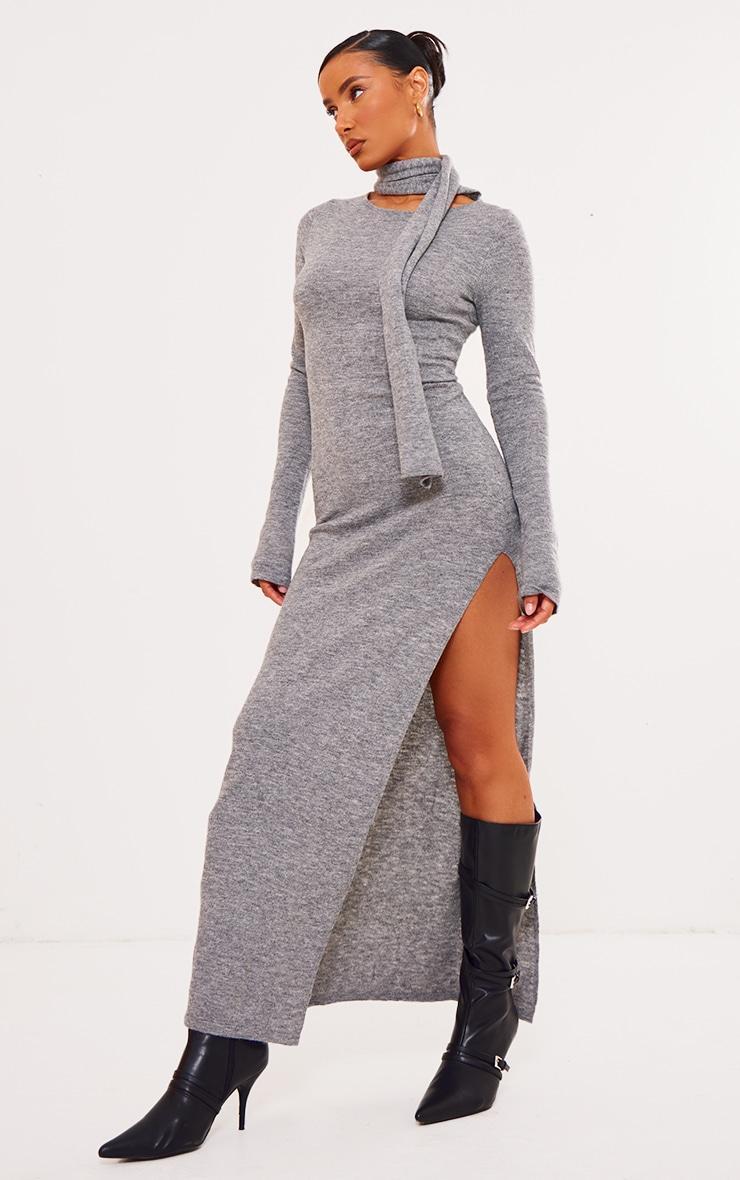 Ash Grey Knit Scarf Detail Maxi Dress Product Image