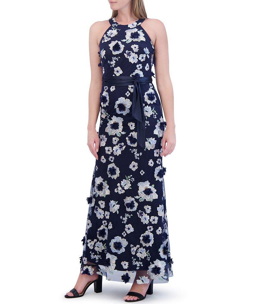 Eliza J 3D Floral Embroidered Mesh Fabrication Halter Neck Sleeveless Tie Front Gown Product Image