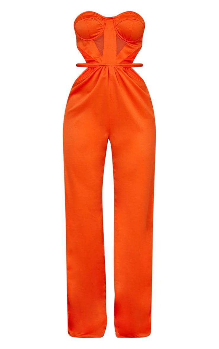 Bright Orange Underwire Cup Detail Cut Out Waist Satin Bandeau Jumpsuit Product Image