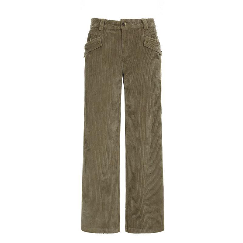 Mid Waist Plain Corduroy Wide Leg Pants Product Image