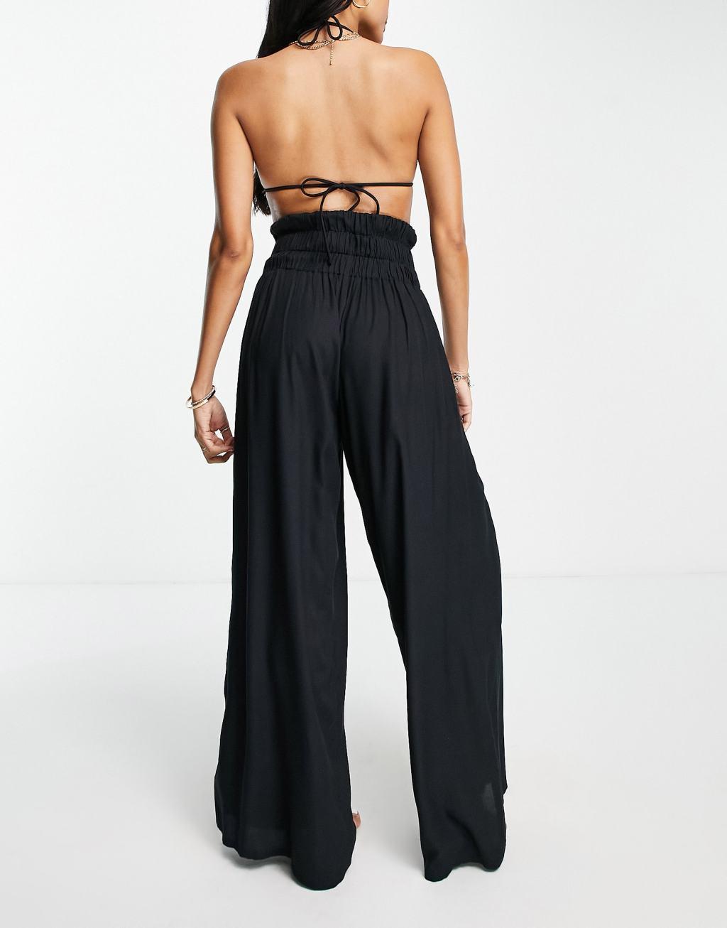 Esmee Exclusive shirred wide leg beach pants in black Product Image