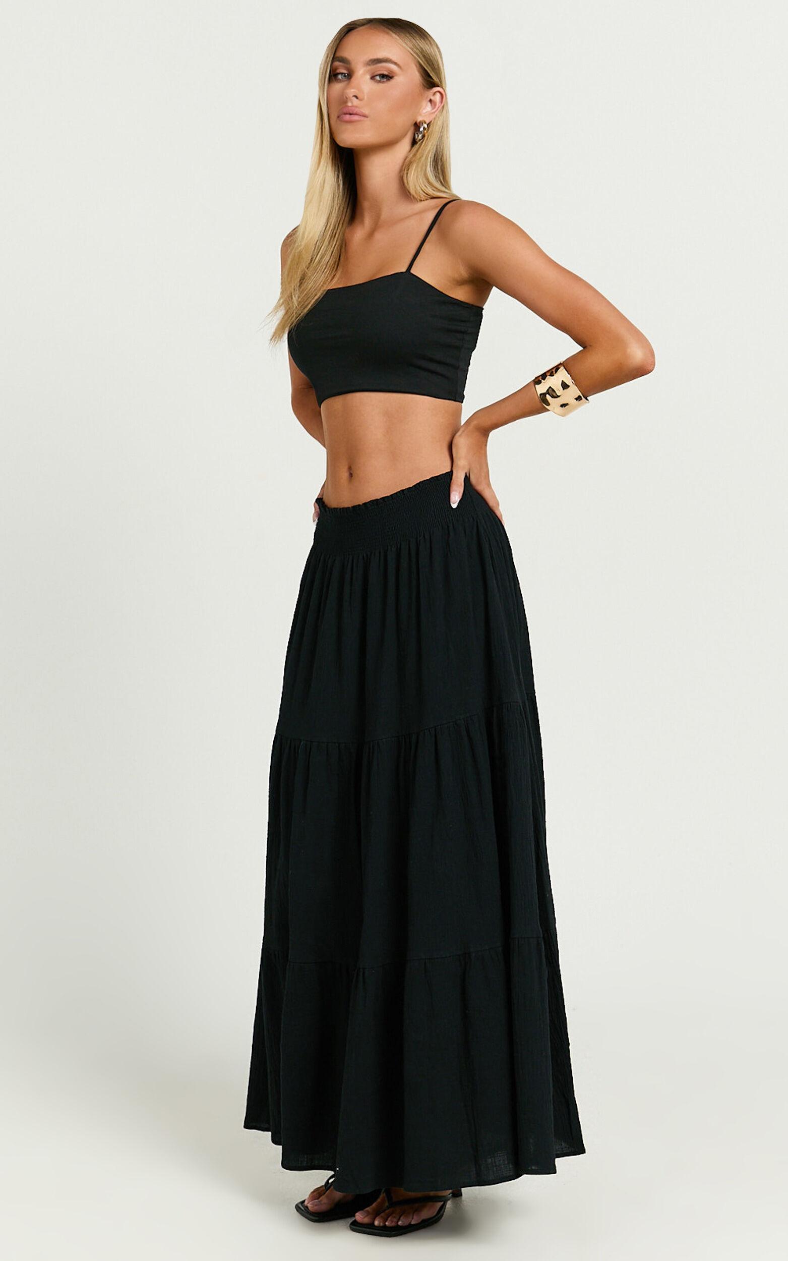 Ruby Midi Skirt - Shirred High Waist Cotton Tiered Midi Skirt in Black Product Image