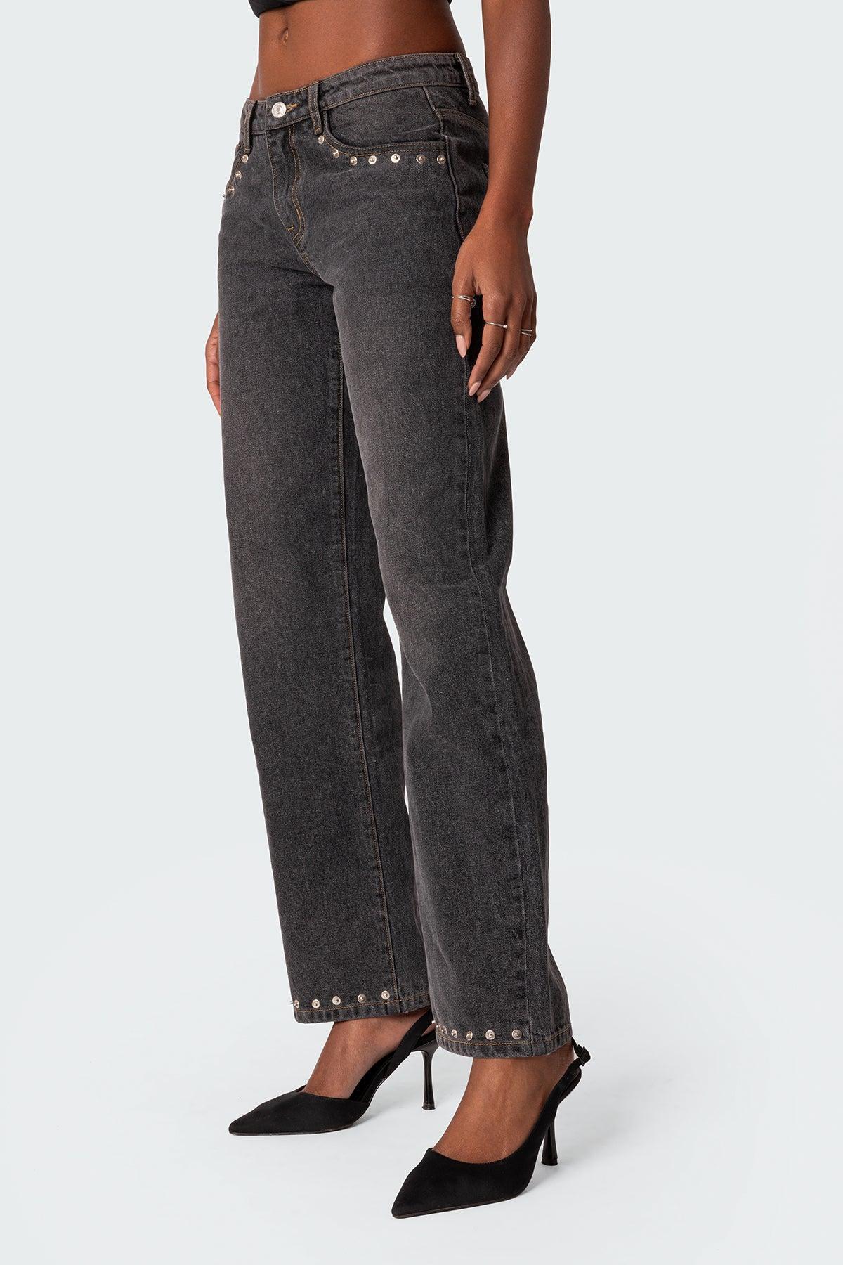 Rivet Trim Straight Leg Jeans Product Image