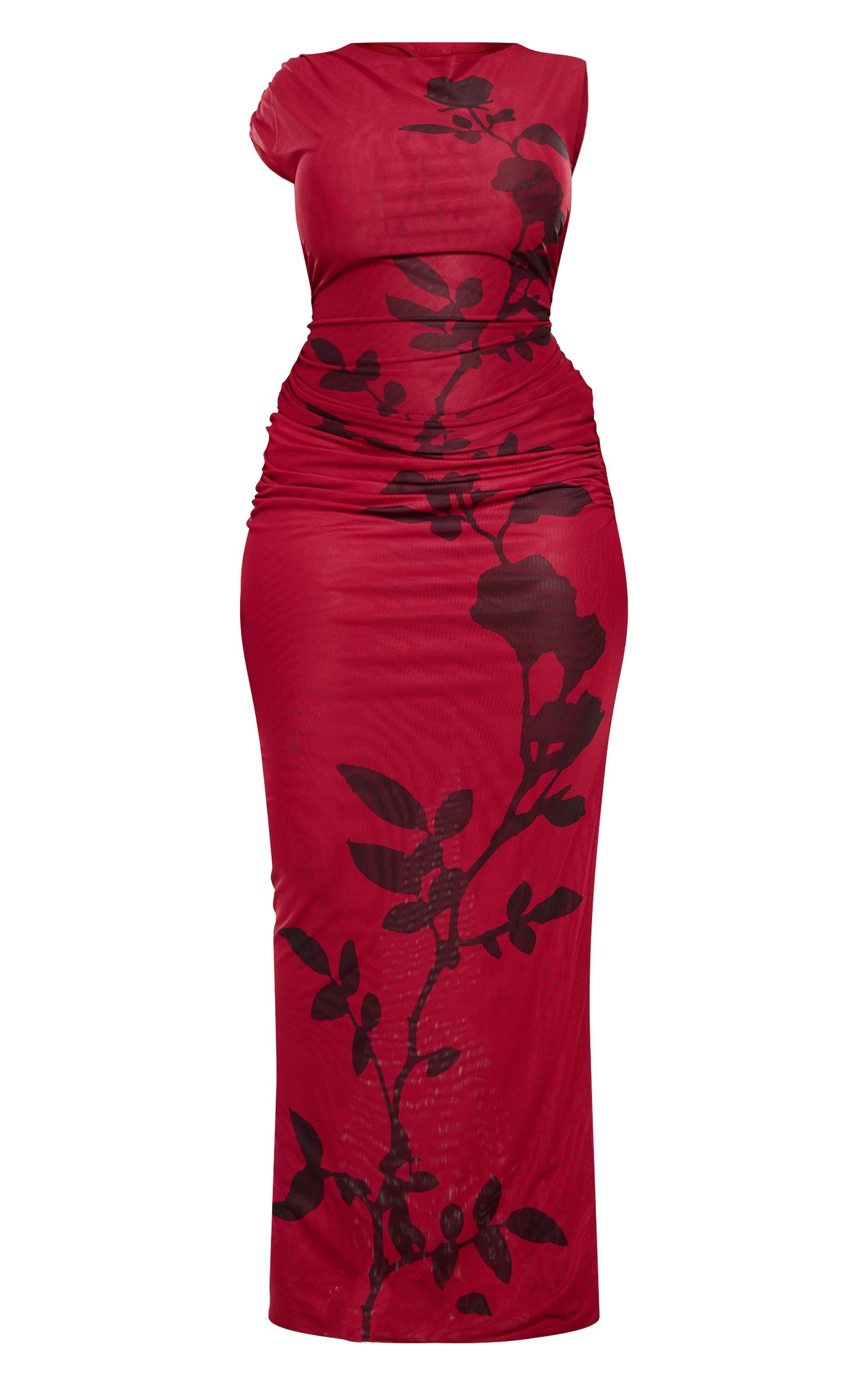 Plus Burgundy Flower Printed Mesh Ruched Long Top Product Image