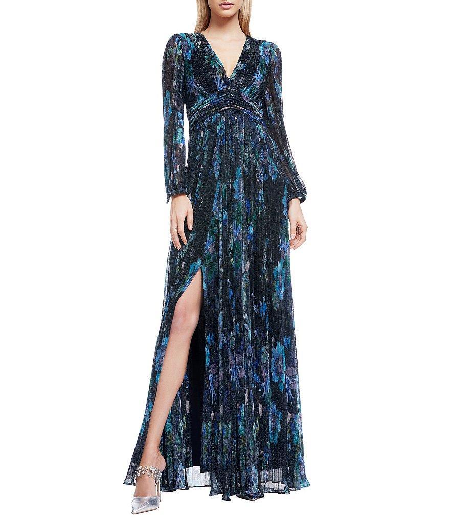 Dress the Population Pauline Metallic Floral Plunge V-Neck Long Sleeve Side Slit Gown Product Image