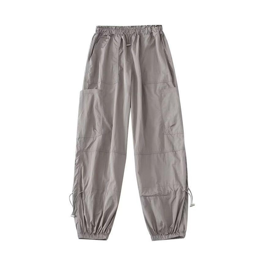 Elastic Waist Plain Harem Cargo Parachute Pants Product Image