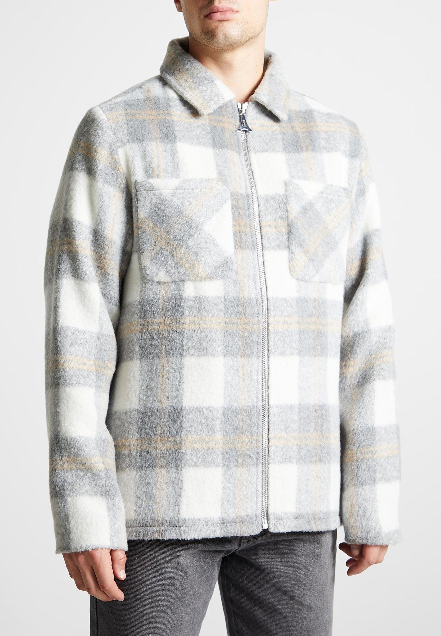 Checked Wool Shacket - Grey Male Product Image