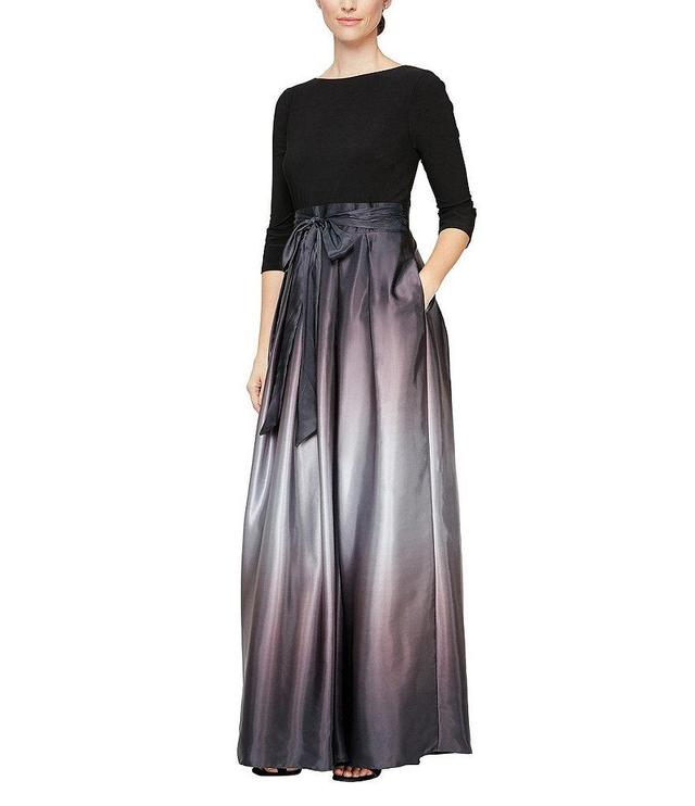 Ignite Evenings Petite Size Boat Neck 3/4 Sleeve Belted Bow Detail Ombre Satin Pleated Ball Gown Product Image