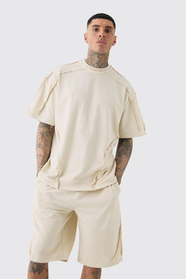 Mens Beige Tall Oversized Extended Neck Distressed Seam T-shirt & Short Set, Beige Product Image