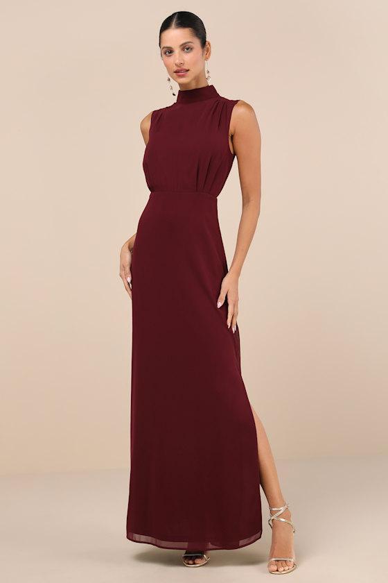 Classic Elegance Plum Chiffon Sleeveless Mock Neck Maxi Dress Product Image