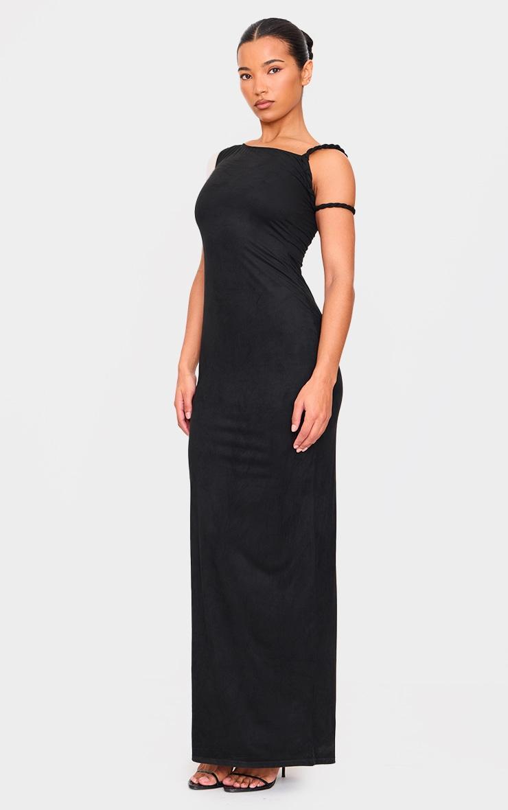 Black Faux Suede Twist Shoulder Maxi Dress Product Image