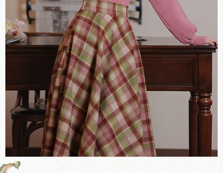 Set: Mock Neck Plain Sweater + High Rise Plaid Midi A-Line Skirt Product Image