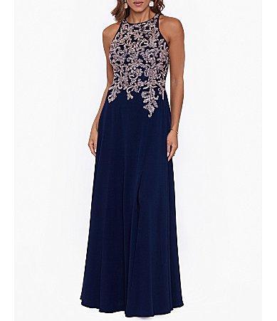 Betsy  Adam Beaded Embroidery Chiffon Halter Neck Keyhole Back Detail Sleeveless Gown Product Image