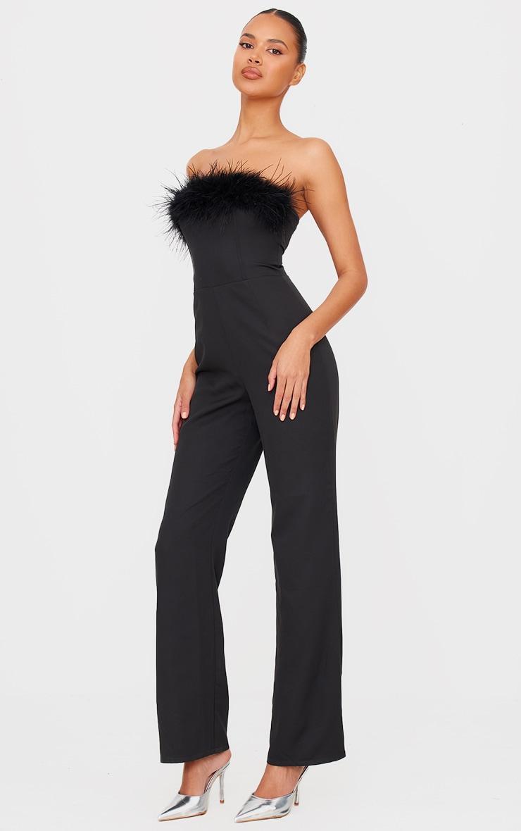 Black Faux Fur Bandeau Straight Leg Jumpsuit Product Image