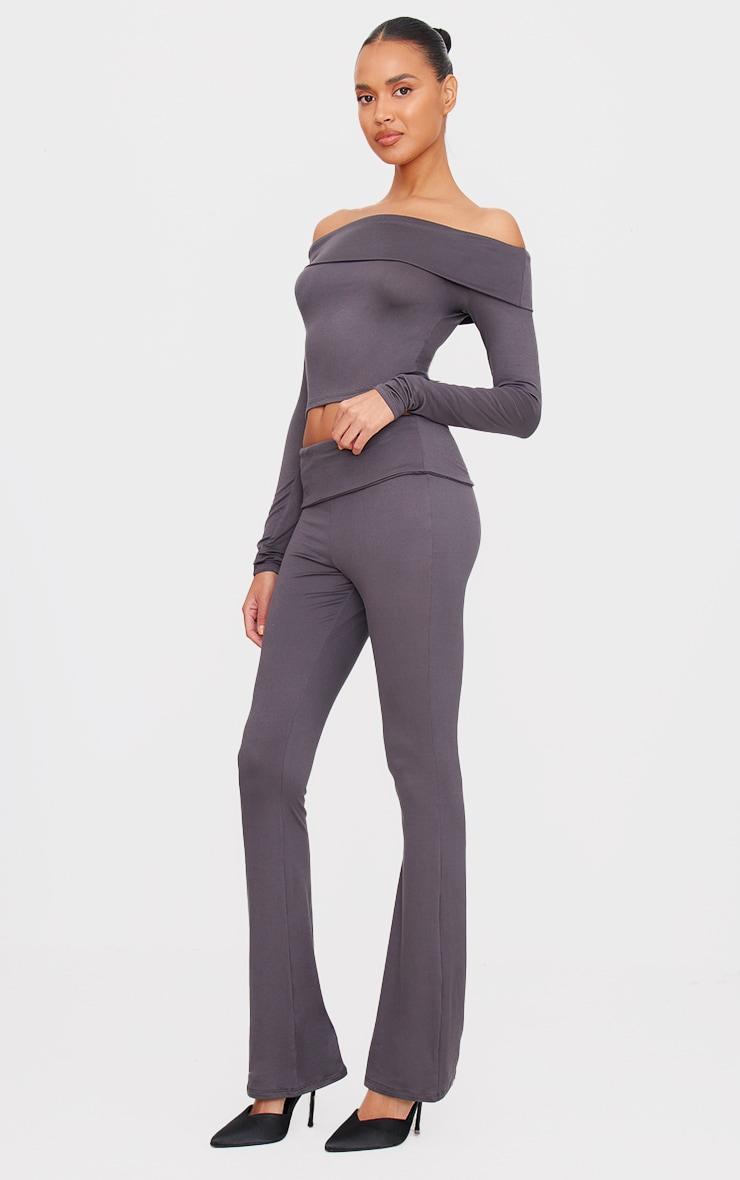 Charcoal Grey Soft Touch Fold Over Bardot Long Sleeve Long Top Product Image