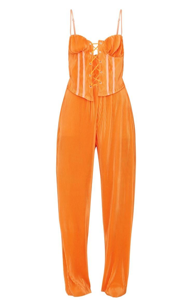  Tangerine Plisse Lace Up Eyelet Detail Strappy Jumpsuit Product Image