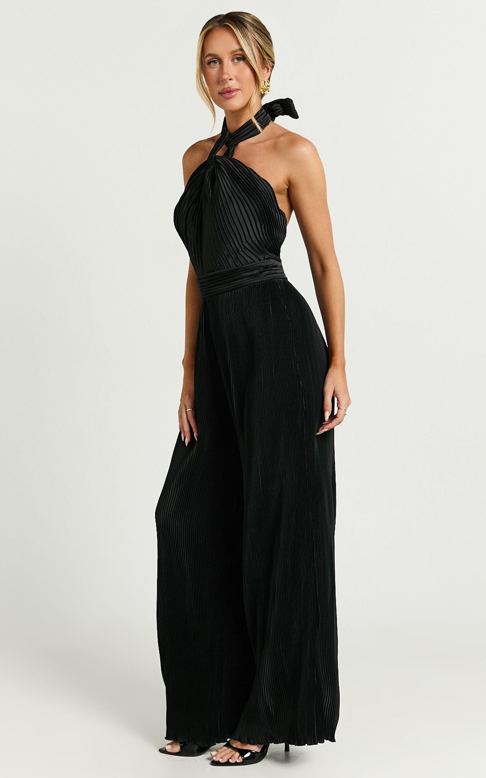 Paris Jumpsuit - Plisse Halter Neck Wide Leg Jumpsuit in Black Product Image