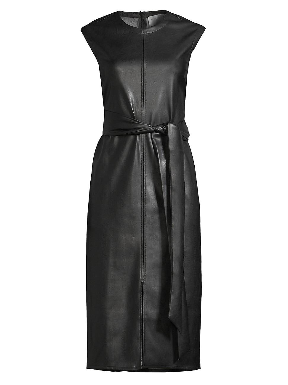 Womens Pilar Belted Vegan Leather Midi-Dress Product Image