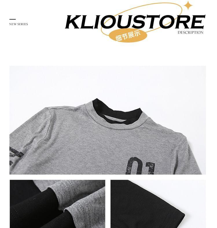 Long Sleeve Round Neck Numbering Lettering Print Mock Two Piece Tee Product Image