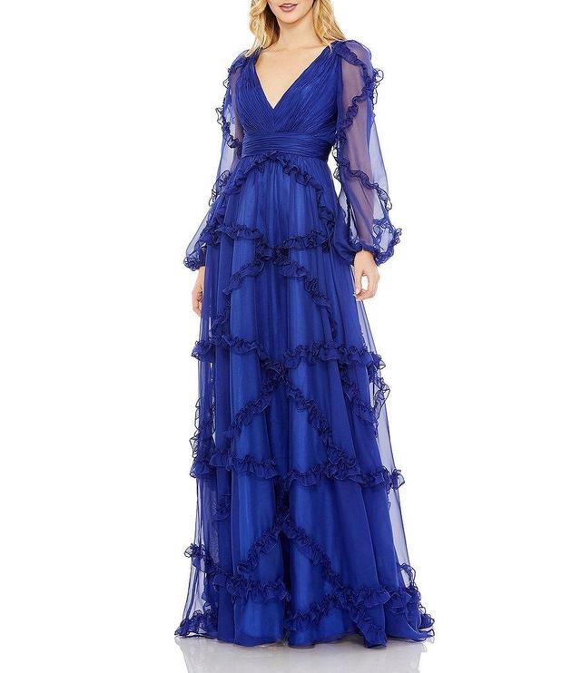 Mac Duggal V-Neck Long Puff Sleeve Ruffled Gown Product Image