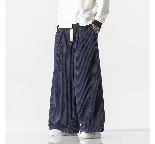 Drawstring Waist Plain Corduroy Wide Leg Pants Product Image