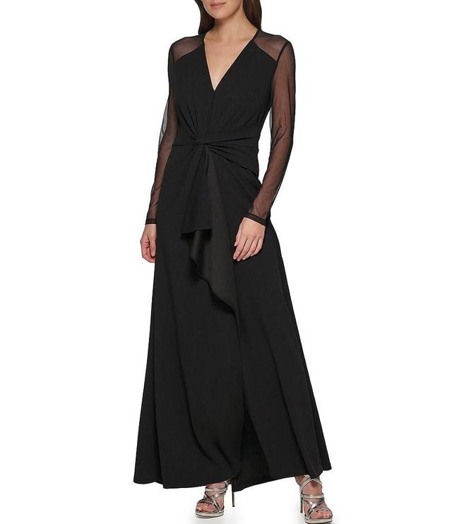 DKNY Long Mesh Sleeve V-Neck Drape Front Dress Product Image