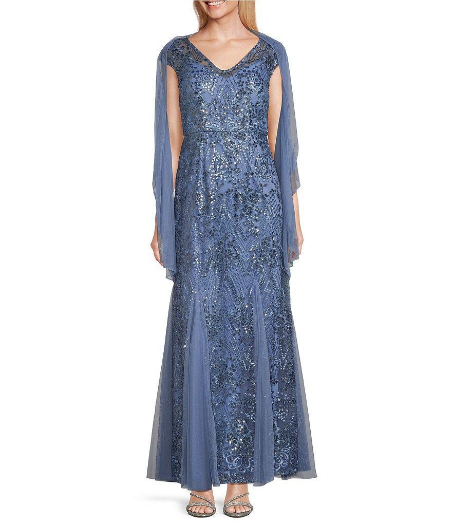 Alex Evenings Mesh Shawl Cap Sleeve V-Neck Godet Skirt Embroidered Long Dress Product Image