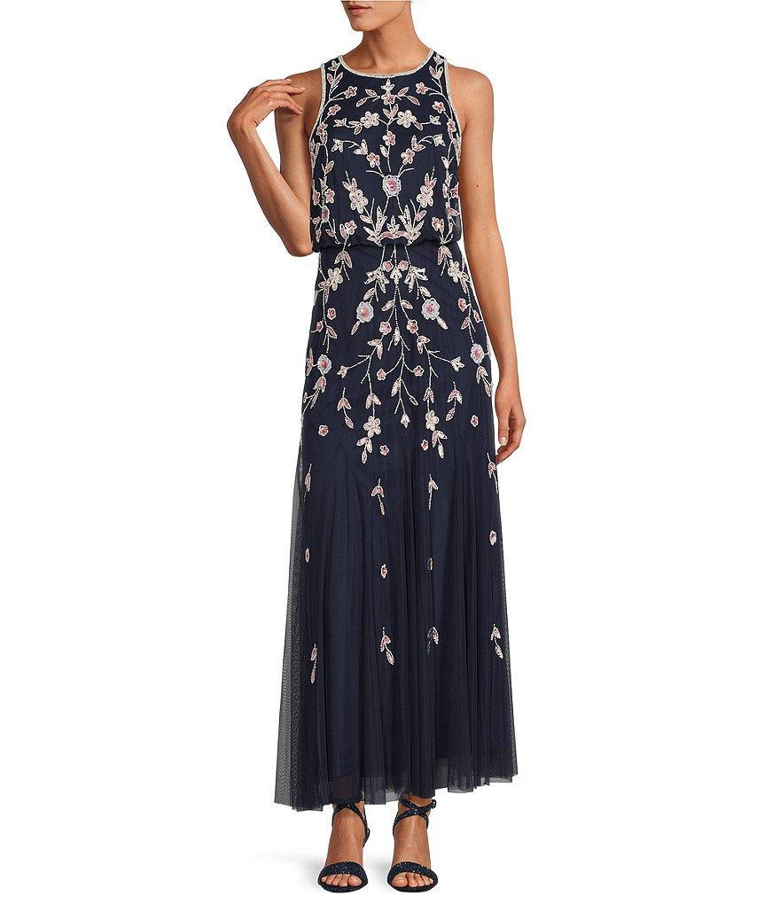 Adrianna Papell Beaded Mesh Halter Neck Blouson Ankle Length Dress Product Image