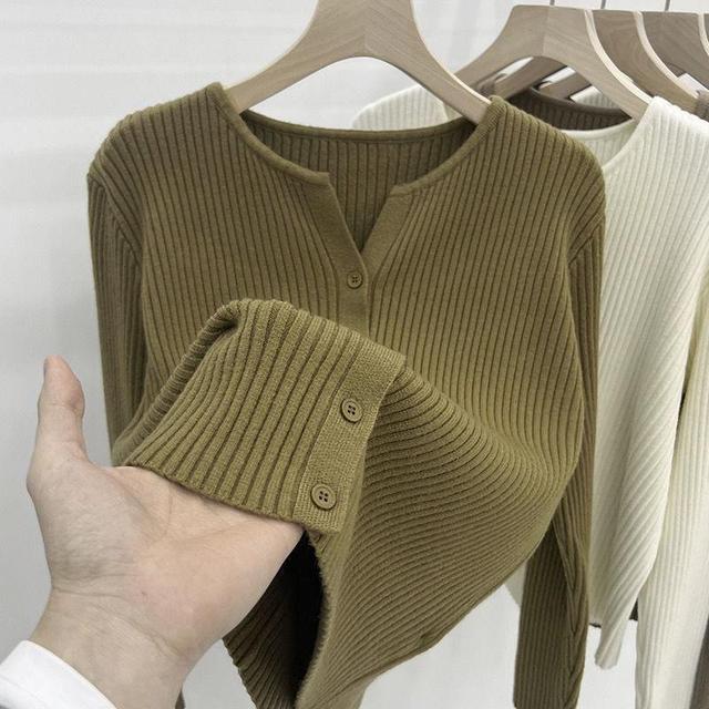 Notch Neck Plain Ribbed Cardigan Product Image