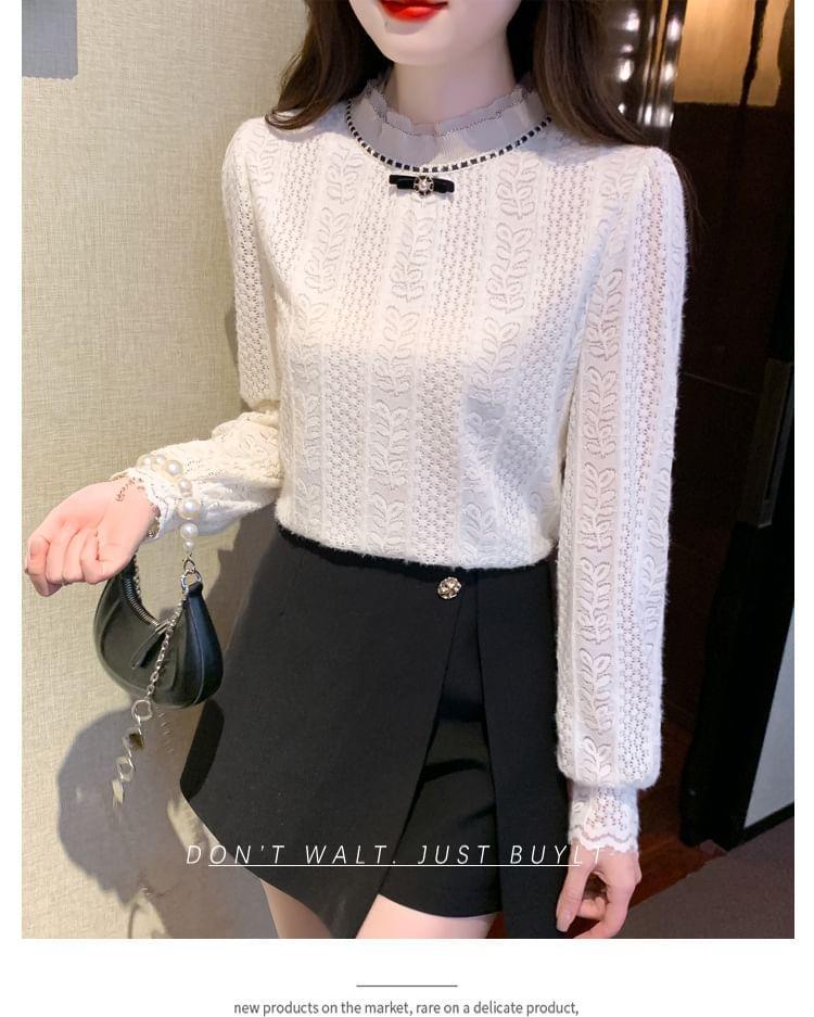 Puff-Sleeve Mock Neck Patterned Bow Blouse Product Image