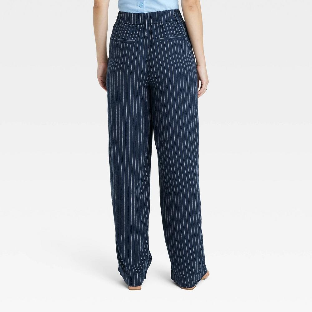 Womens High-Rise Linen Pleated Front Straight Pants - A New Day Navy/White Pinstripe 2 Product Image