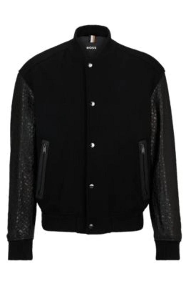 HUGO BOSS Varsity-style Jacket With Monogram-embossed Leather Sleeves In Black Product Image