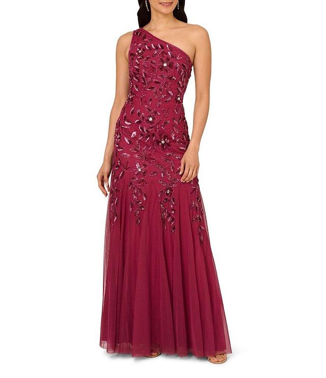 Adrianna Papell Beaded Mesh One Shoulder Sleeveless Godet Gown Product Image