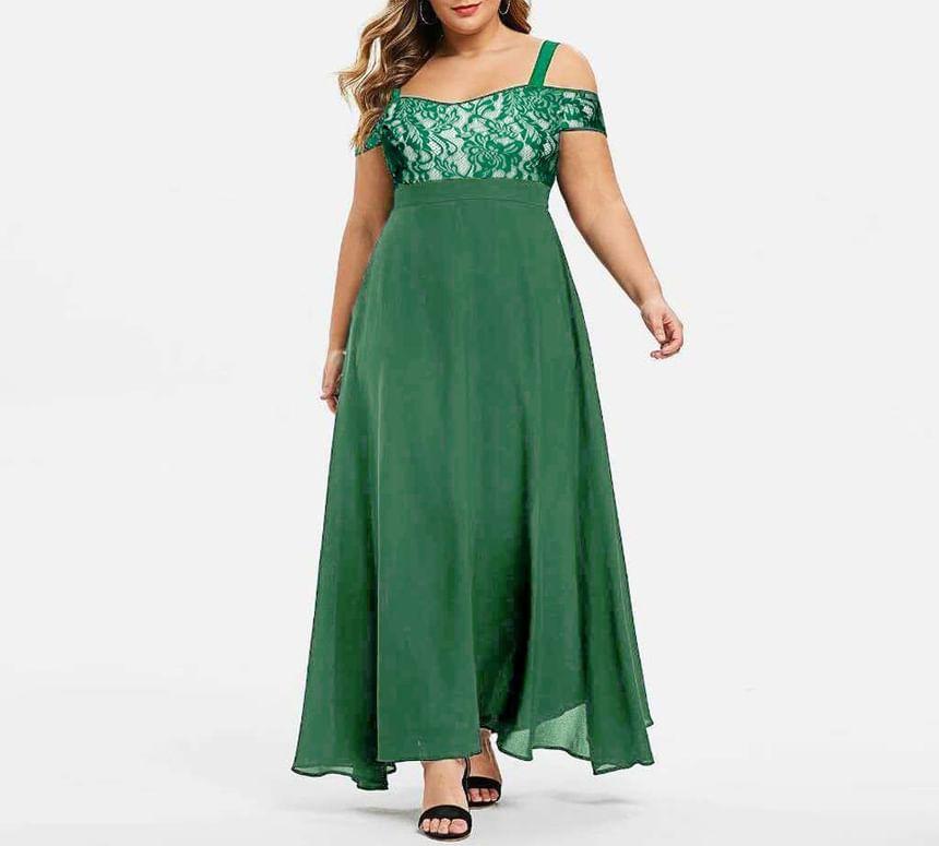 Plus Size Cold-Shoulder Plain Lace Panel Maxi A-Line Dress product image