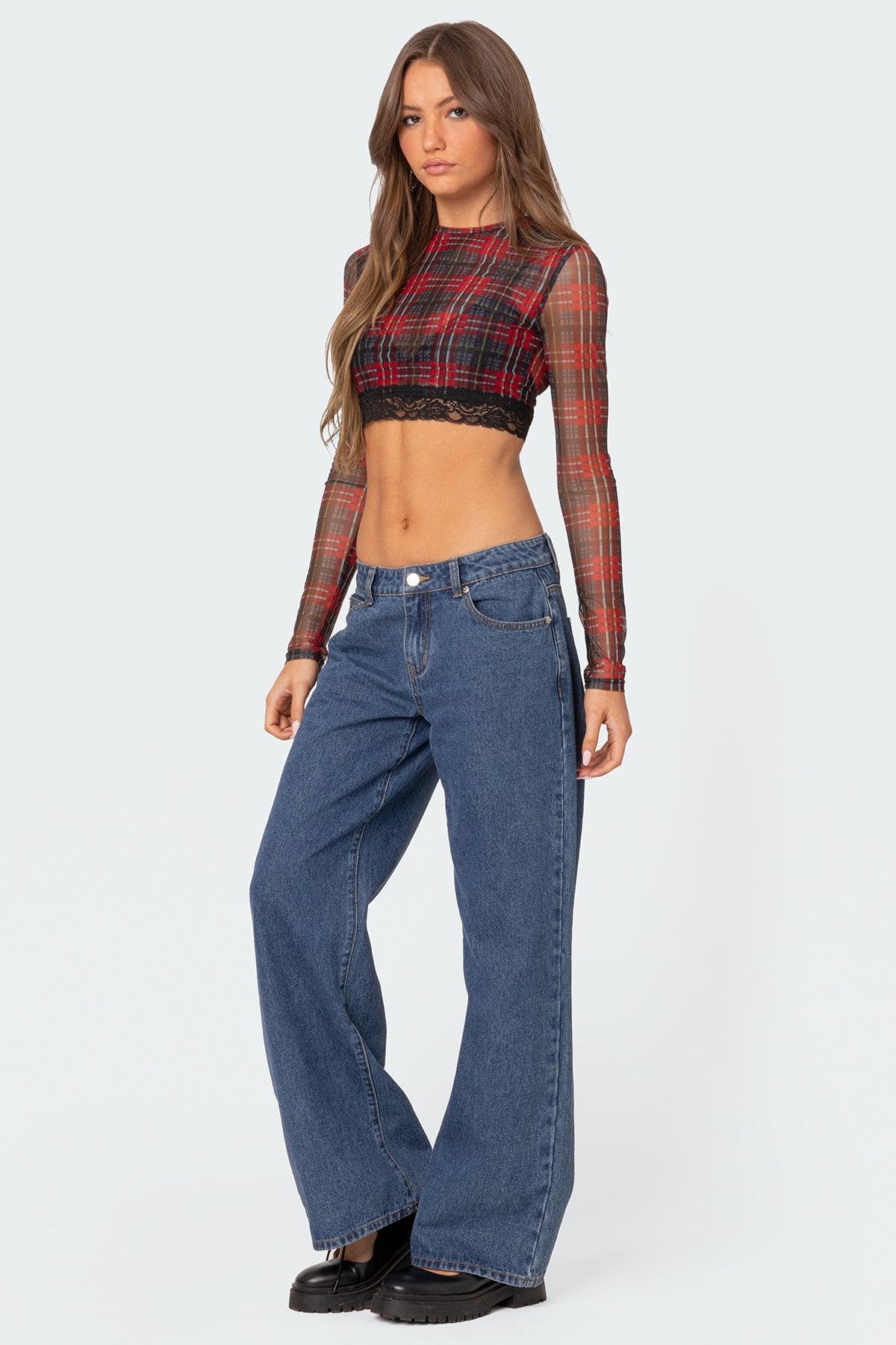 Noel Plaid Printed Mesh Crop Top Product Image