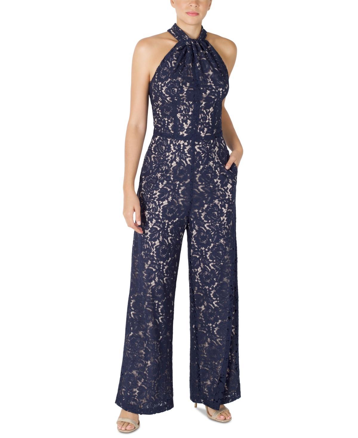 Julia Jordan Sleeveless Twisted Halter Neck Lace Wide Leg Jumpsuit Product Image