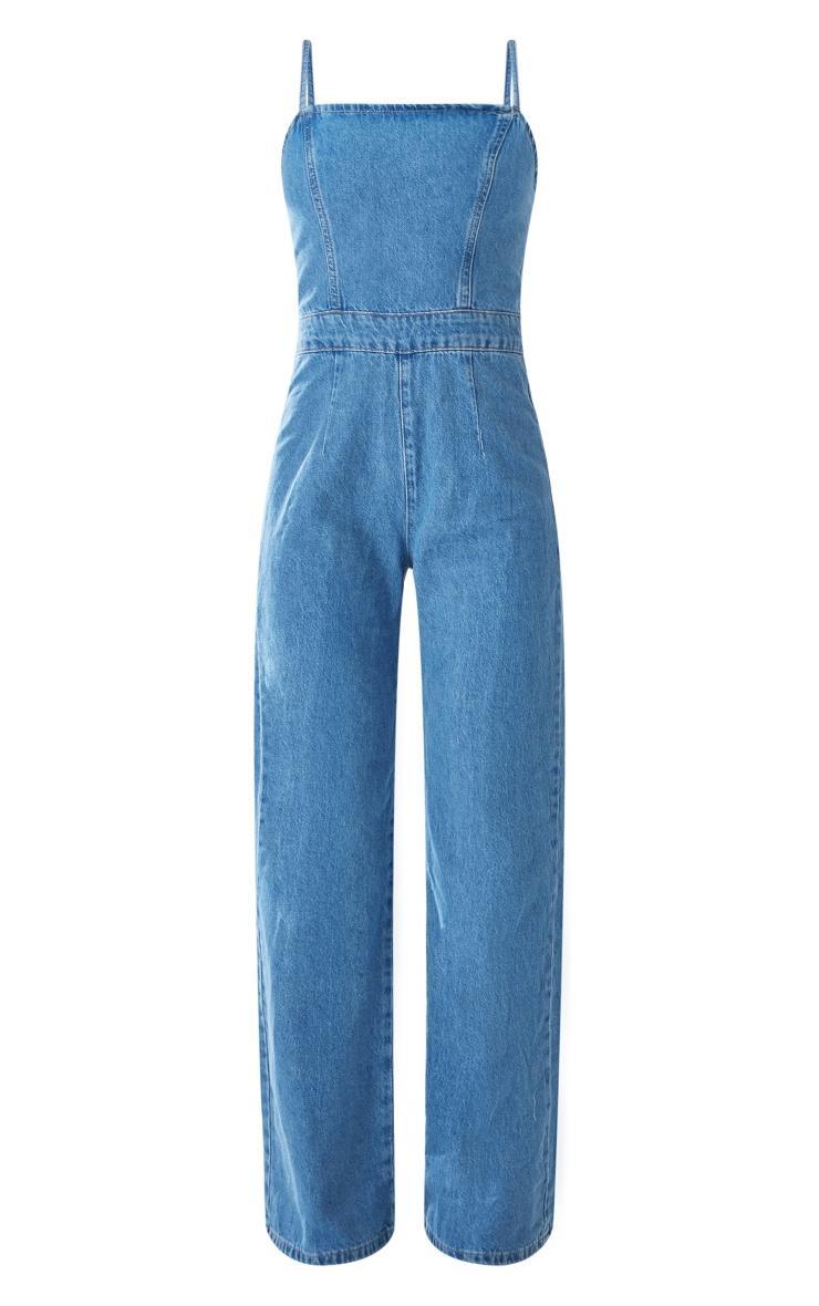 Mid Blue Wash Strappy Back Detail Denim Jumpsuit Product Image