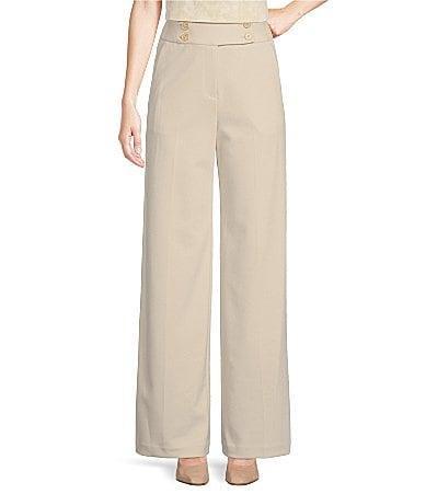 Calvin Klein Womens Buttoned High Rise Wide-Leg Pants Product Image