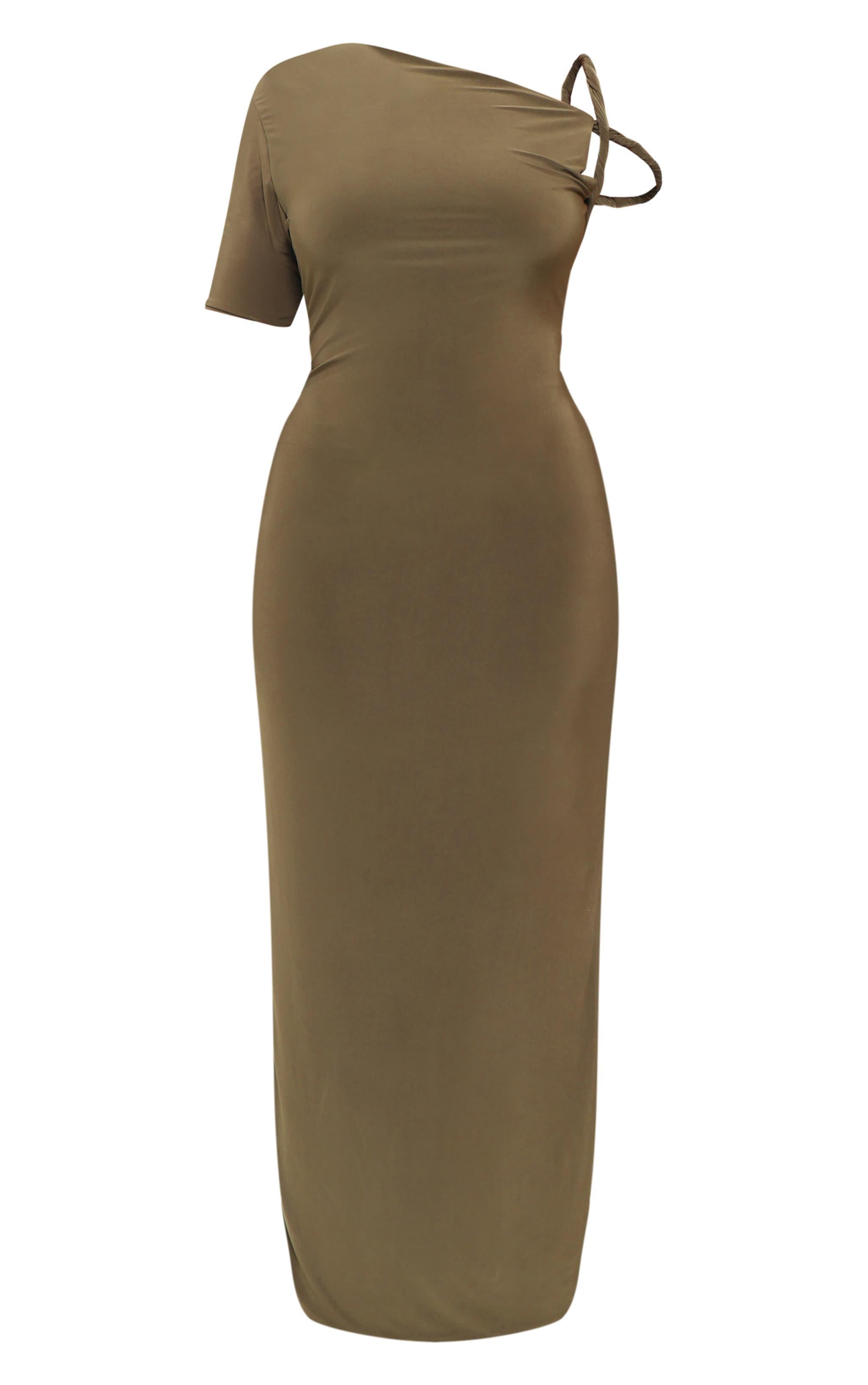 Plus Dark Olive Slinky Twist Shoulder Midaxi Dress Product Image