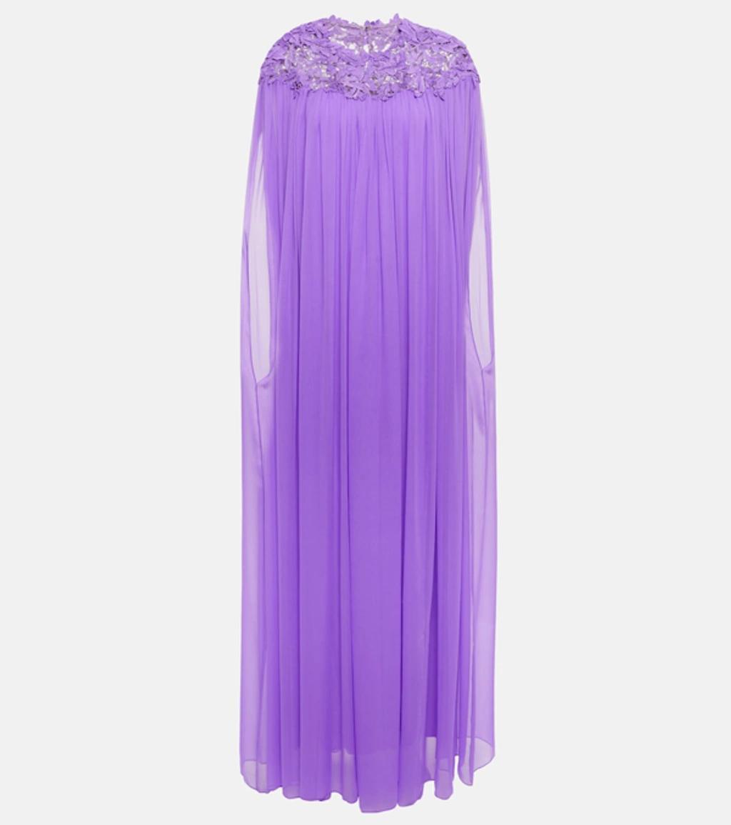 Lace-trimmed Caped Silk Crêpe Gown In Purple Product Image