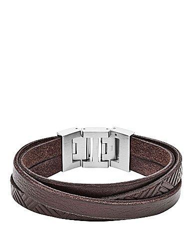 Fossil Mens Textured Brown Leather Wrist Wrap Bracelet Product Image