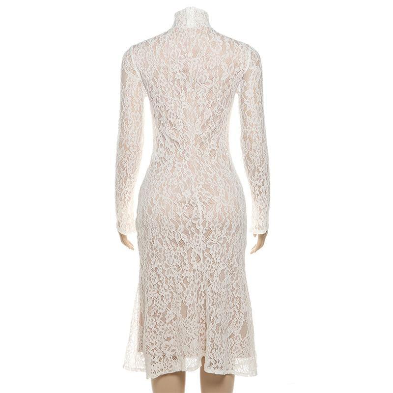 Long Sleeve Mock Neck Lace Overlay Midi Mermaid Dress Product Image