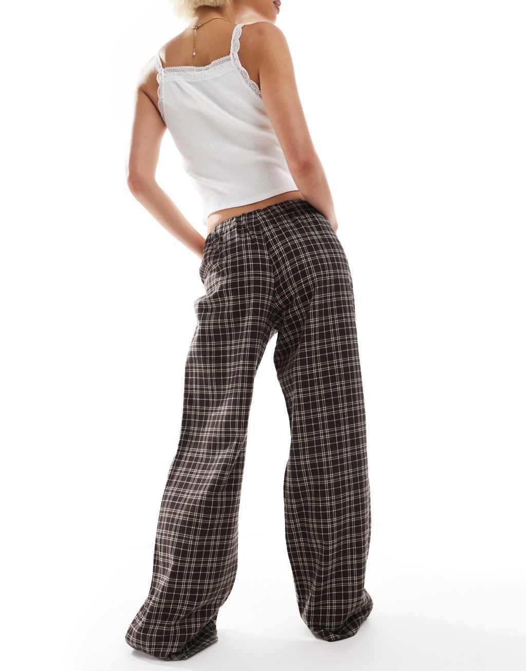 Monki pajama flannel pants in brown plaid Product Image