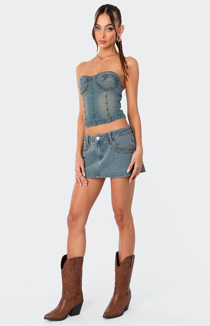 Edikted Womens Studded Washed Denim Lace-Up Corset Product Image