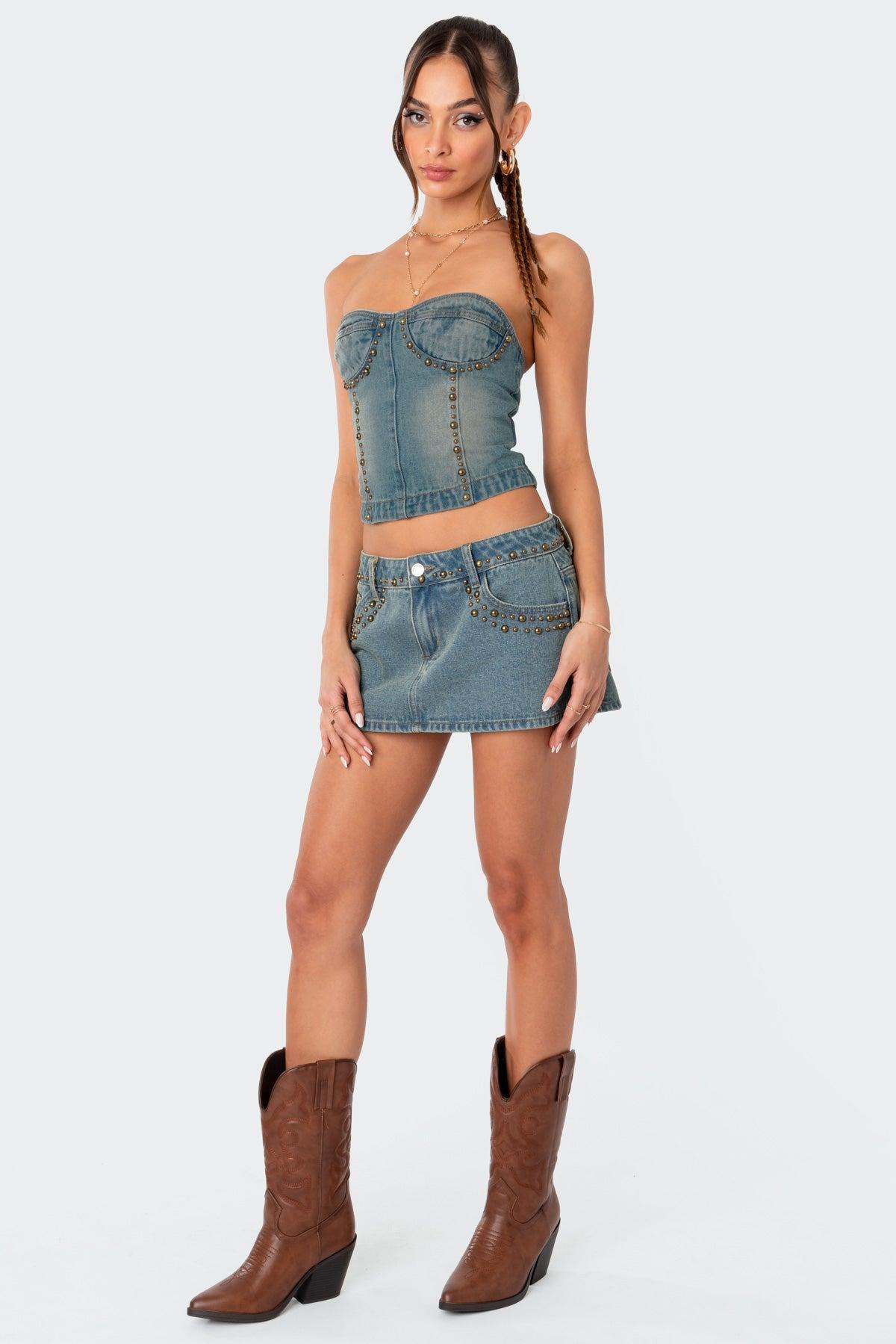 Studded Washed Denim Lace Up Corset Product Image