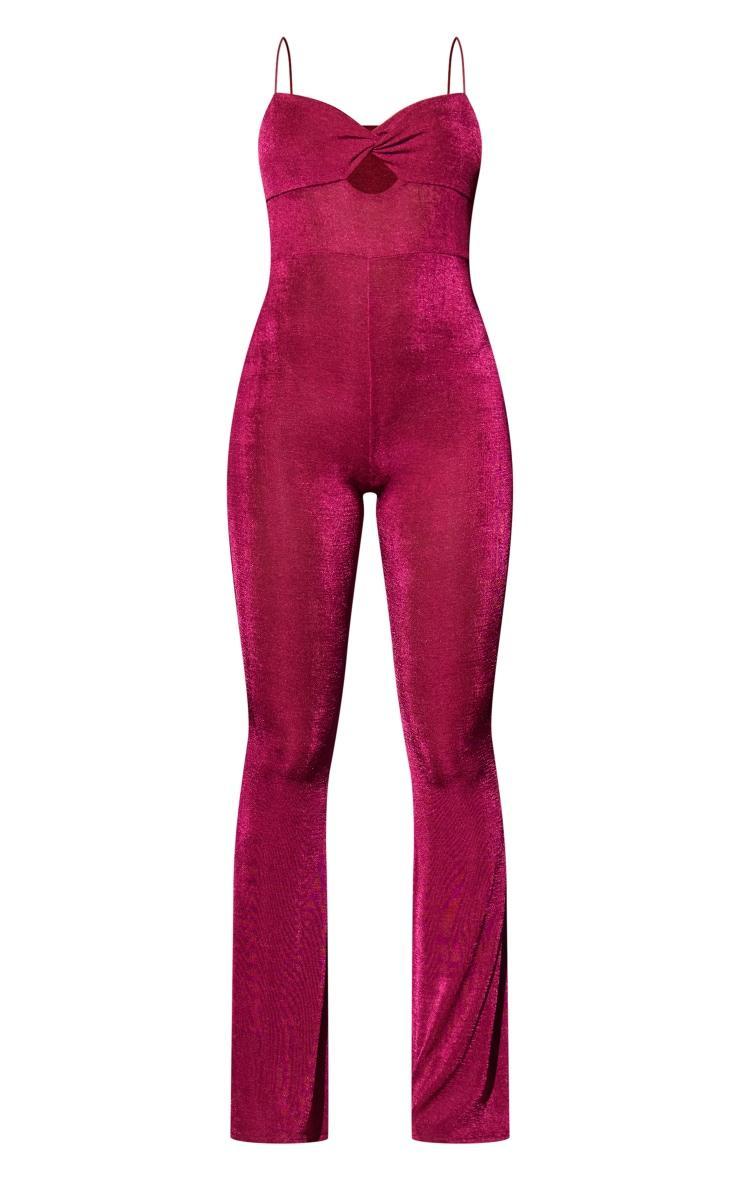 Burgundy Acetate Slinky Twist Bust Flared Jumpsuit Product Image