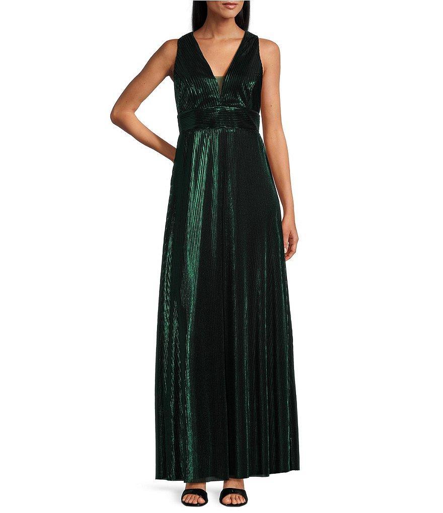 Marina Halter V-Neck Sleeveless Foil Pleated Gown Product Image